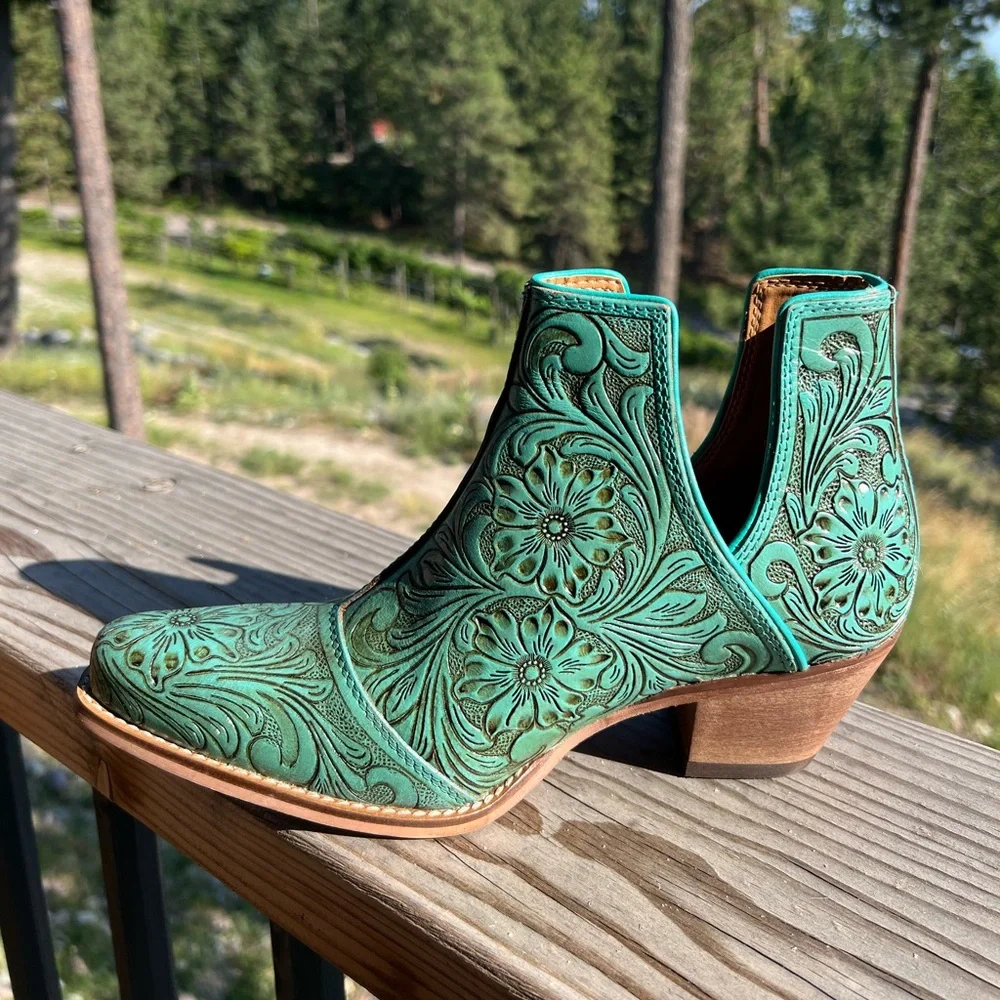 🔥Hand Tooled Genuine Leather Women Bootie Boot Boho Western Shoe Teal Turquoise - Picture 10 of 11